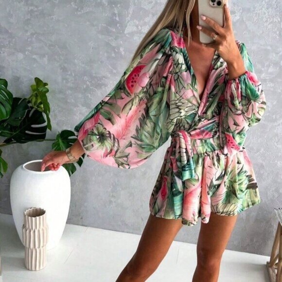 Green Casual Women's Random Floral Print V-Neck Long Sleeve Jumpsuit - Picture 1 of 4